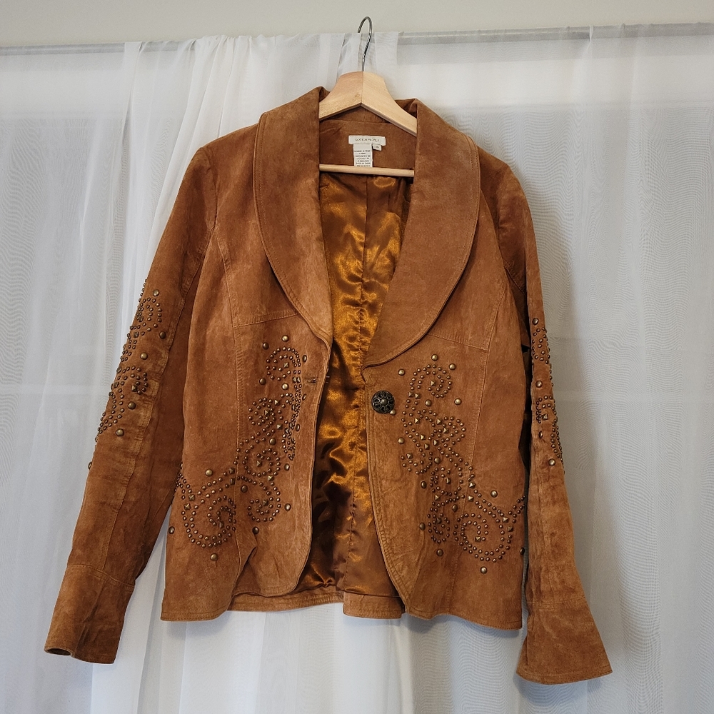 Boston Proper Tan Suede Blazer Coat Jacket Brass Stud Paisley Design Sz16 Boho